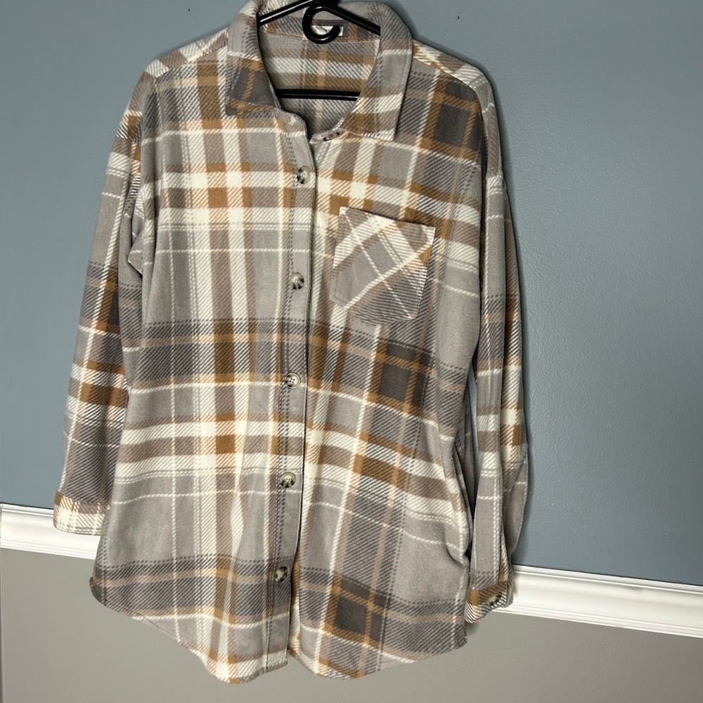 Maurice's Plaid Flannel Shirt Jacket Shacket Gray Brown White Oversized L